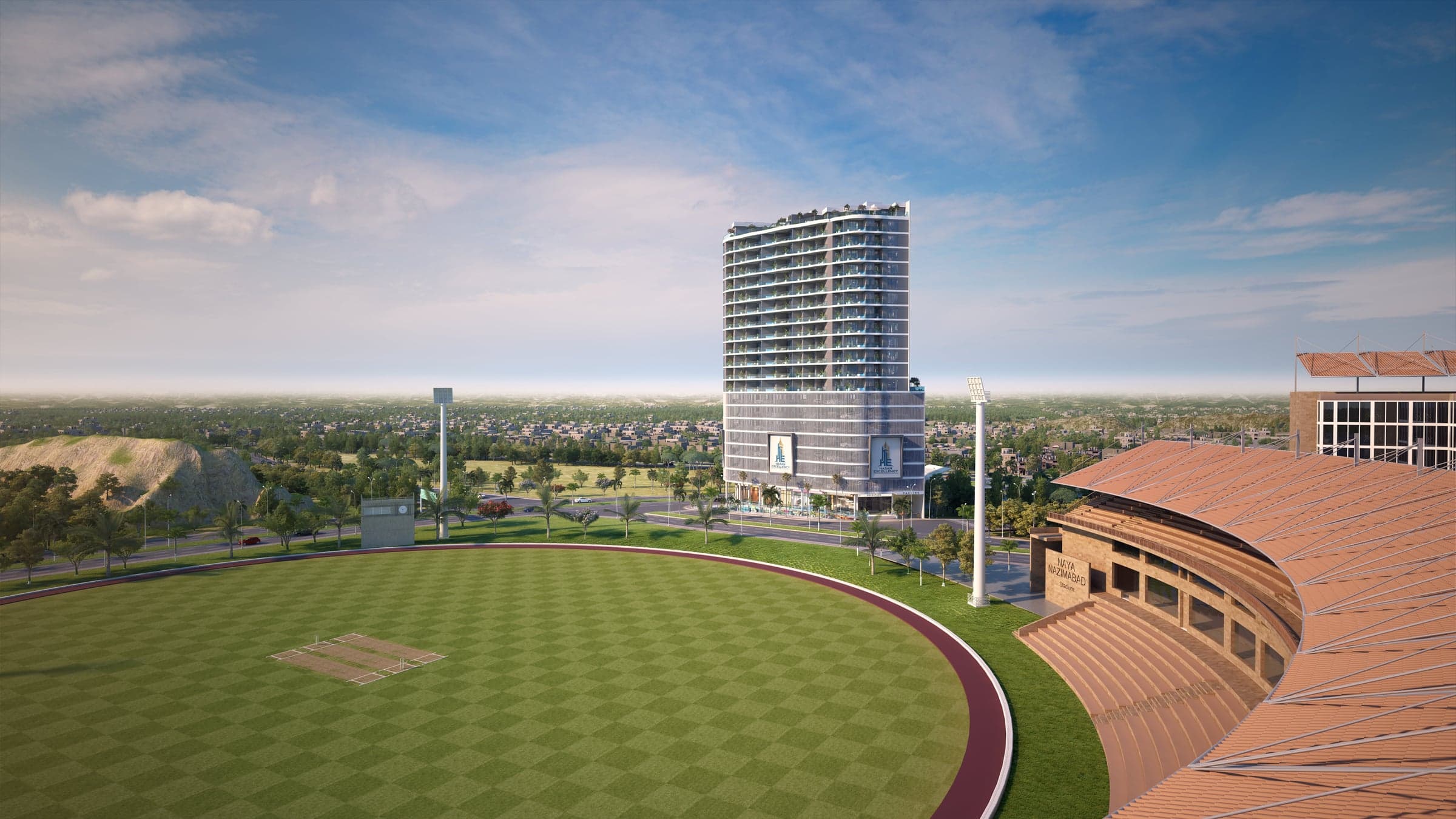 Looking across the stadium to the tower