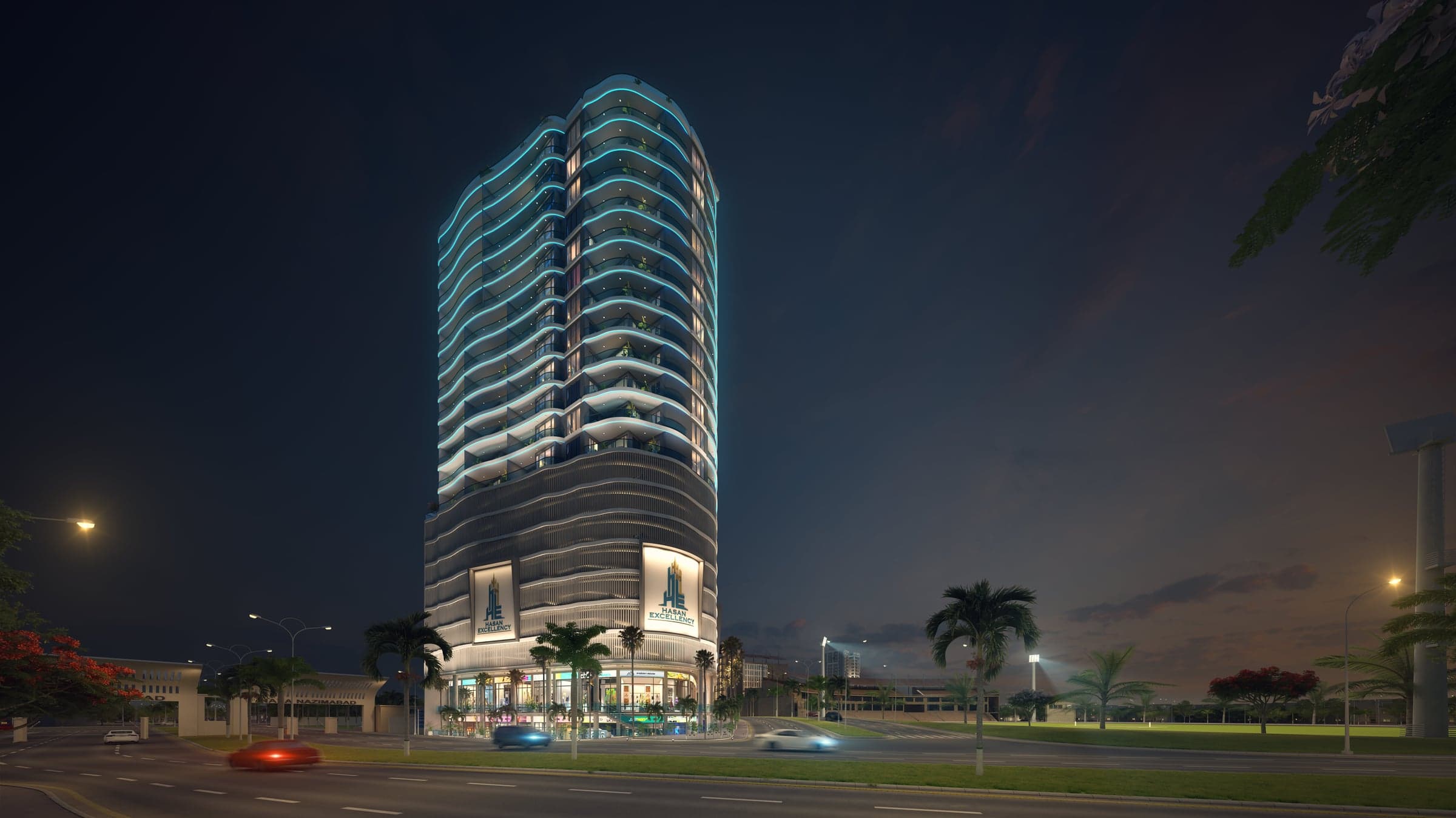 Hasan Excellency lit up at night